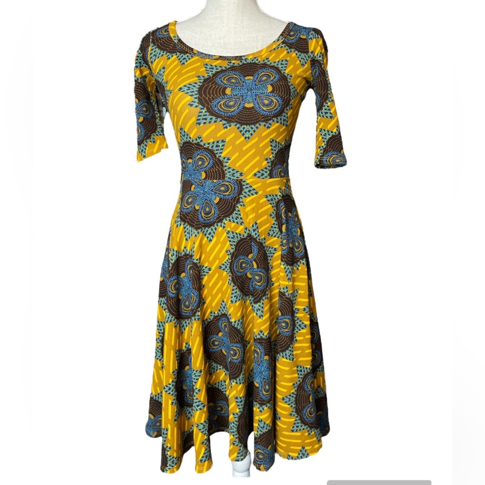 LulaRoe Yellow, Blue, Brown Tribal Printed 1/2 Sleeve MIDI Dress